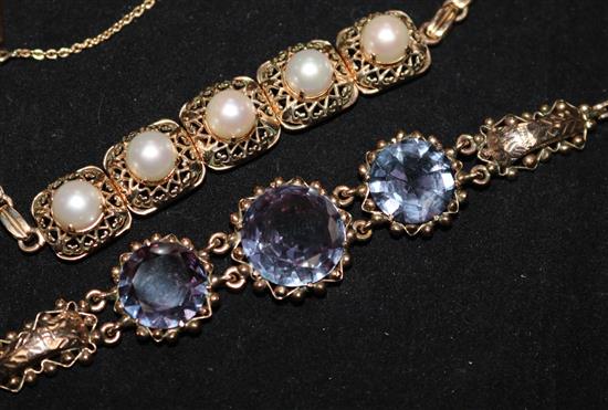 A 14k gold and cultured pearl set bracelet and a 9k gold bracelet.